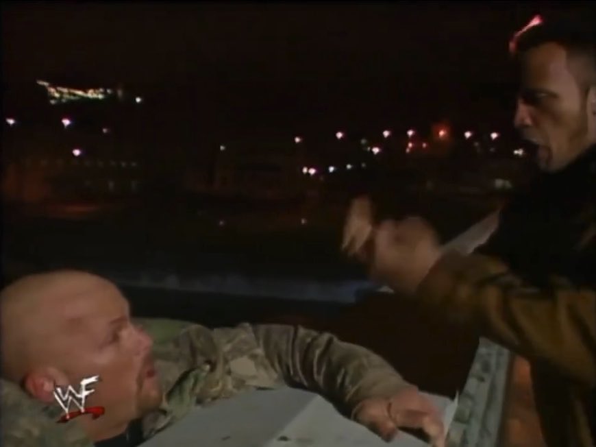 April 12, 1999: The Rock throws Stone Cold off bridge as RAW goes off air