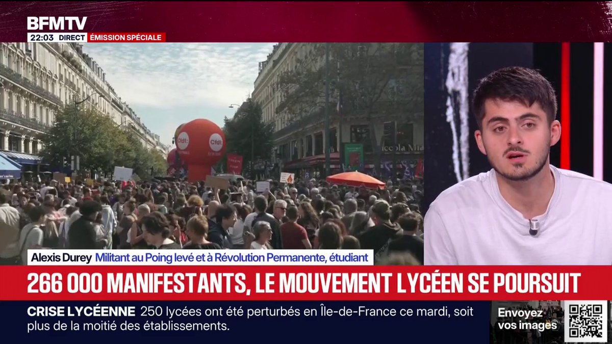 Blocage, mobilisation lycéenne: "On appelle l'ensemble des lycéens et des étudiants à refuser le piège du temps du dialogue qui a été proposé" par le gouvernement, lance Alexis Durey, militant au Poing levé et à Révolution Permanente