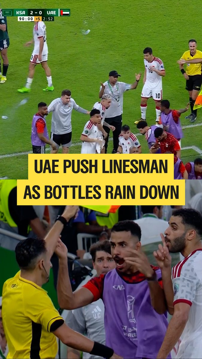 The fans started throwing BOTTLES! 😱 The 🇦🇪 UAE were shown a red card after a substitute PUSHED the linesman during their Arabian Gulf Cup final defeat to 🇸🇦 Saudi Arabia. #ArabianGulfCup | September 23 - October 7 | SBS On Demand 📺