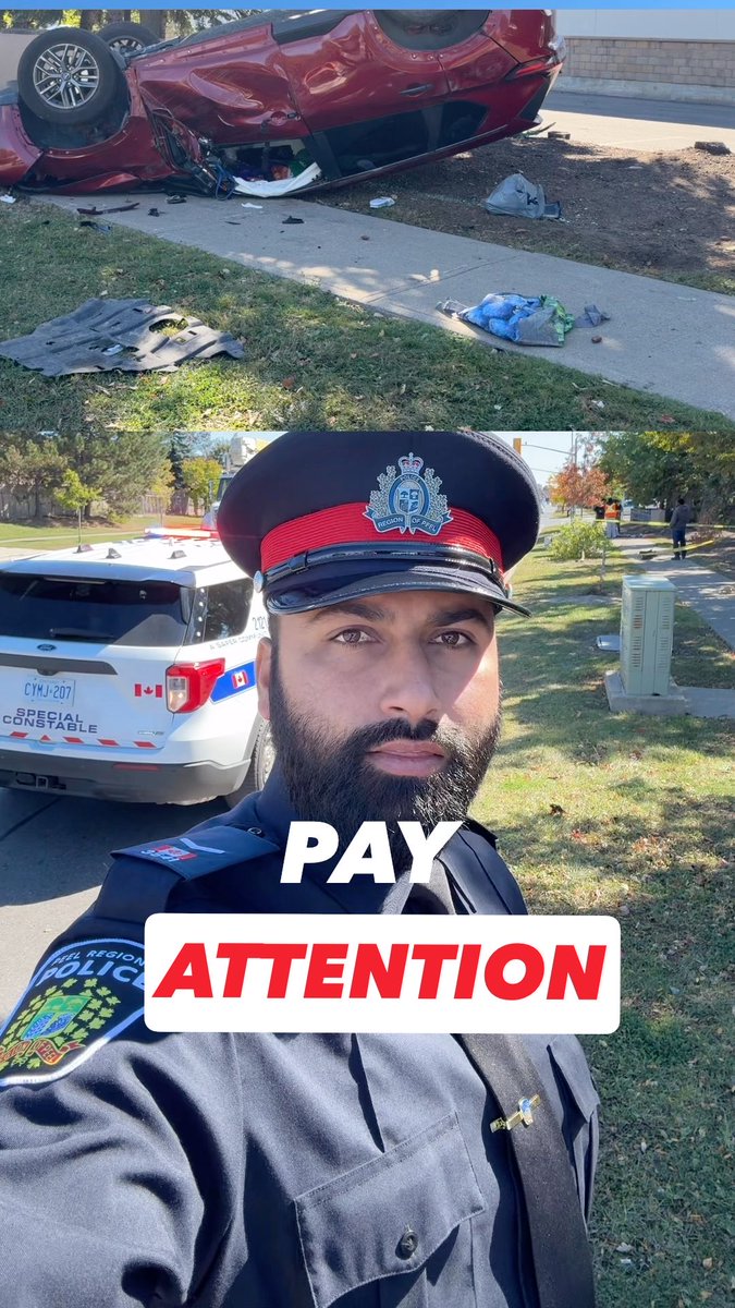 A reminder to stay focused behind the wheel. This single-vehicle collision on Great Lakes Drive resulted in a vehicle overturning twice and coming to rest on its roof. Thankfully, injuries are non-life-threatening. Slow down, Put the phone down, Avoid distractions, Stay alert, Give yourself time to react and Get home safely! #PeelPolice #RoadSafety #Brampton #Mississauga #MannyKhatra