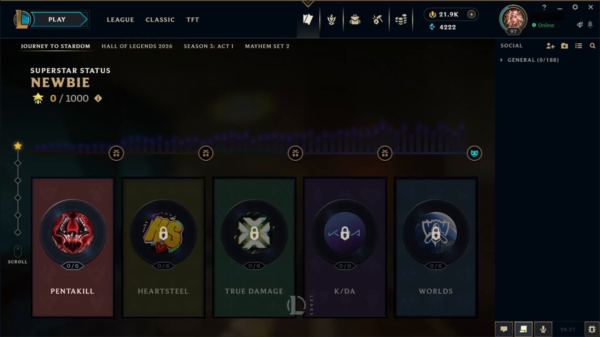 New ARAM: Mayhem Journey to Stardom coming on October 21 ‼️ Players will be able to level up their Superstar status from Newbie to Superstar by earning Fame through playing ARAM: Mayhem, completing objectives, and performing audition missions, which will unlock new bands and exclusive rewards like Augments and more.
