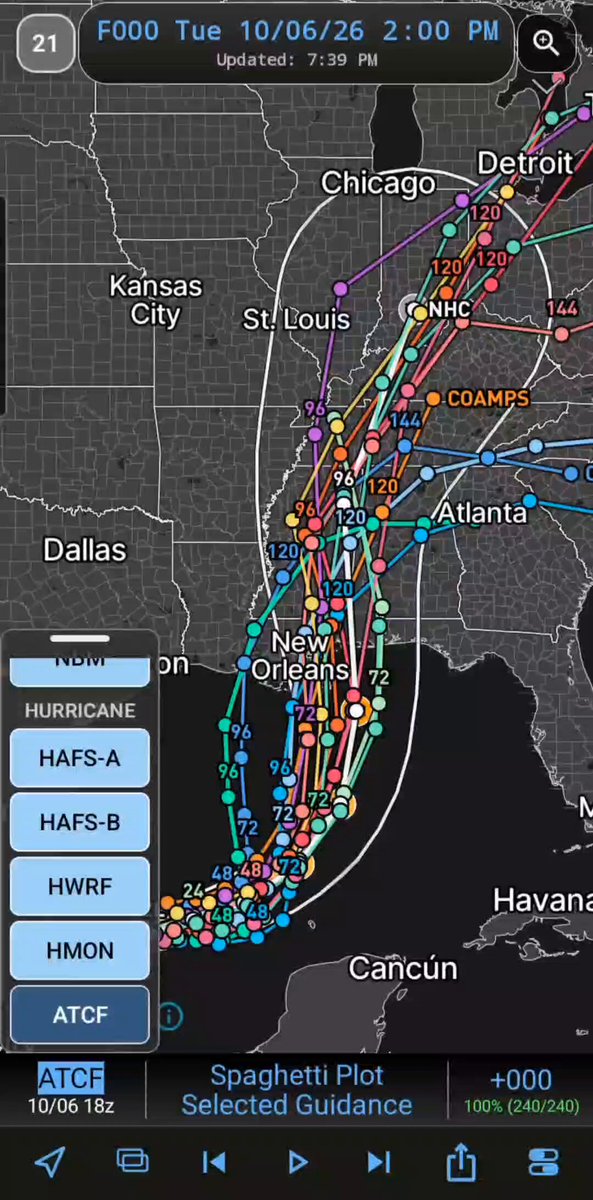 🌀Hurricane Products In WeatherFront 🧵 1. SPAGHETTI PLOTS: - Select ATCF from the bottom of list on the Models tab - Plots Tracks or color code by Intensity - Click points to ID model/intensity/timing - Display deterministic runs + ensembles means (Selected Guidance) or all ensemble members (All Guidance)