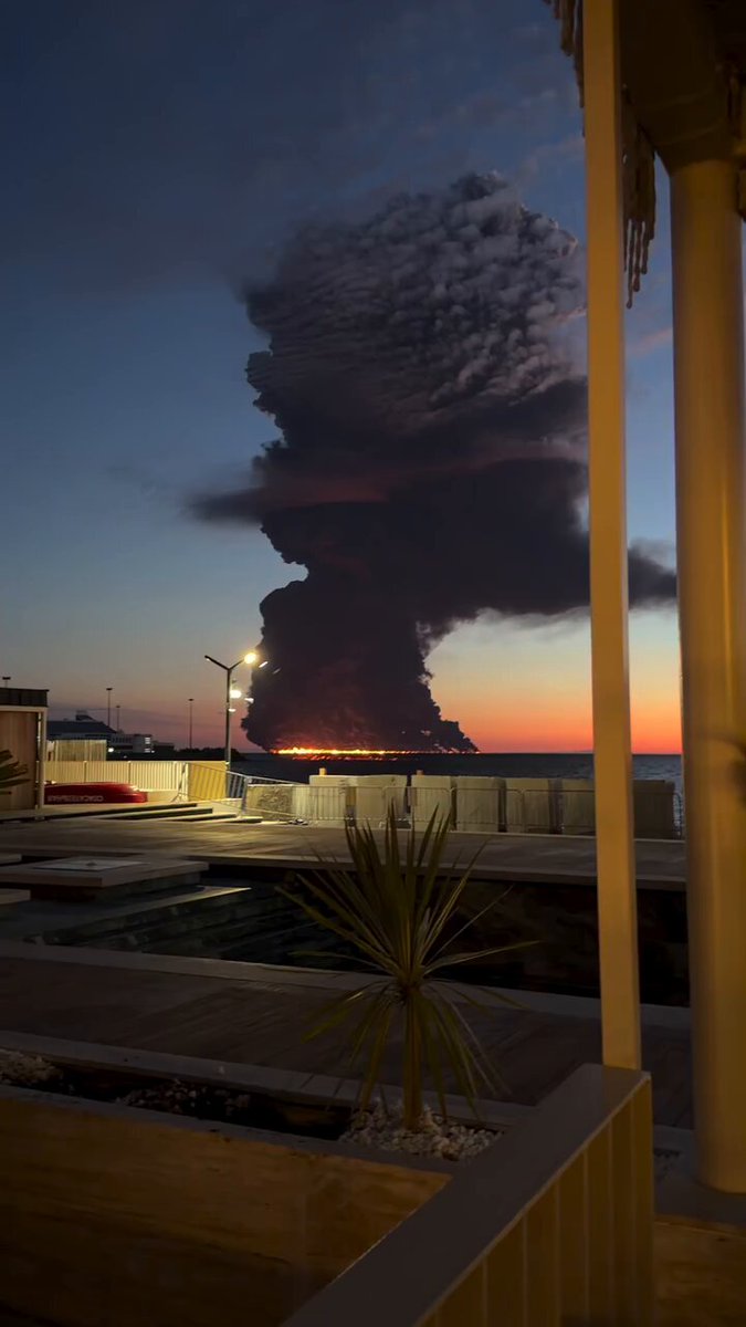 Beaches in Sochi and Sirius have been closed following a fire on an oil tanker attacked by drones The vessel was carrying up to 100,000 tonnes of oil. A strong smell of burning can be felt in the air, while thick black smoke has risen over the sea. There were 23 Indian nationals on board. The crew was rescued. The fire has yet to be extinguished due to the intense burning of the oil.