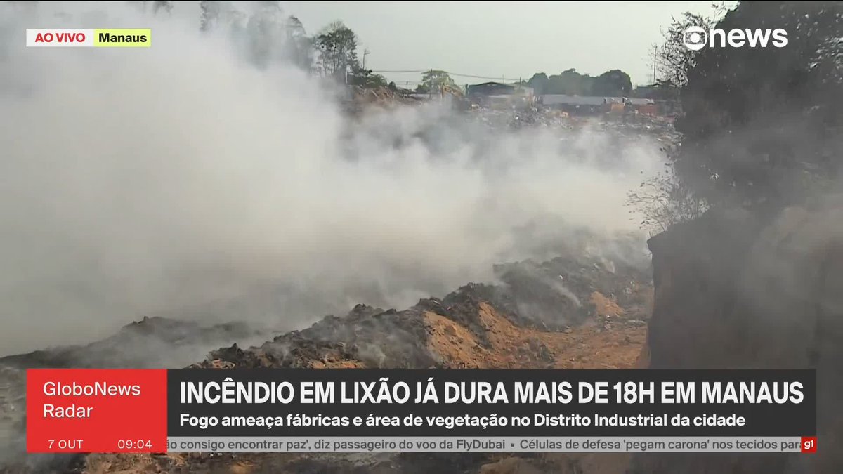 Um incêndio em um lixão privado já dura mais de 18 horas em Manaus. A fumaça piorou a qualidade do ar na região, classificada como péssima. Em áreas próximas, as autoridades consideram a qualidade do ar ruim ou muito ruim. ➡️#GloboNewsRadar de segunda a sexta, às 08h30, na #GloboNews