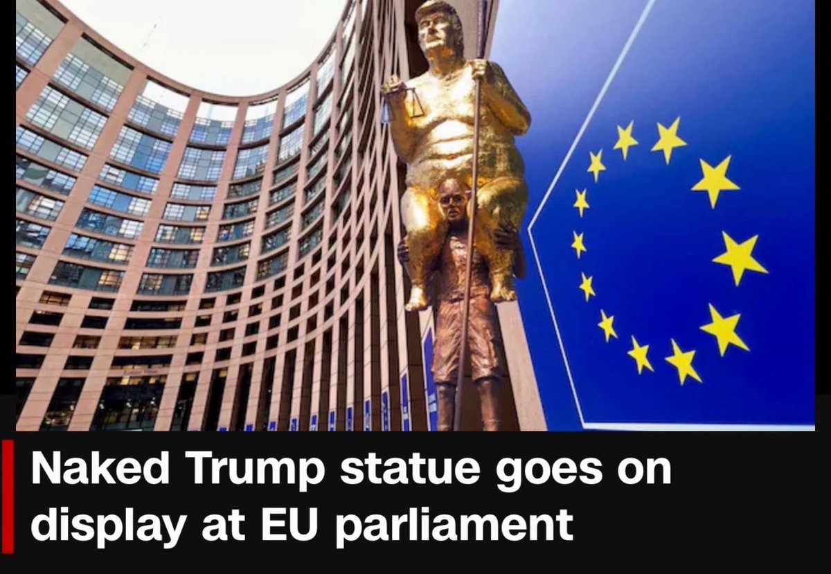🇪🇺🇺🇸 A German artist was allowed to display a NAKED TRUMP STATUE at the EU parliament. Meanwhile, it is ILLEGAL to “damage the reputation of a politician” in Germany. Imagine the uproar if Trump put a naked Angela Merkel statue in the White House!