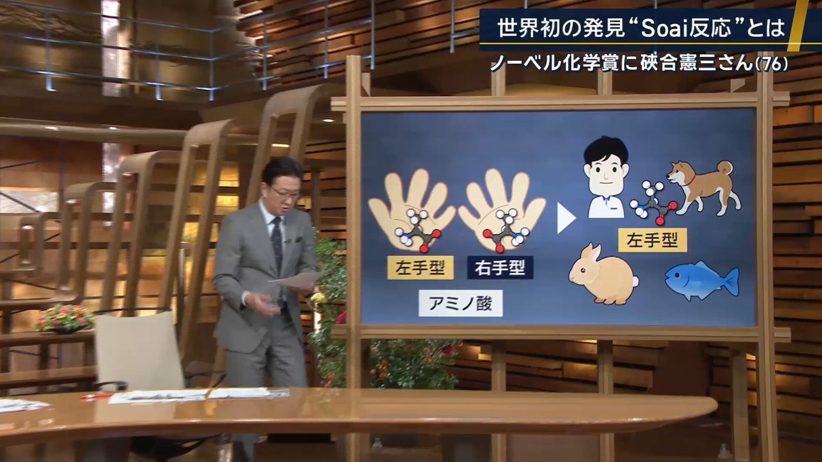 【ノーベル化学賞受賞 “生命起源の謎”に迫る研究とは】 ｜ ノーベル化学賞に東京理科大学の硤合憲三名誉教授が選ばれた。日本からの受賞は3年連続で、化学賞の受賞は2年連続 ▼硤合さんが行った研究とは？ 生命をつくるアミノ酸には『右手型』と『左手型』のような似て非なる二つの型がある →地球上の生命はなぜか『左手型』を一方的に使っている なぜ生命は左手型だけを選ぶのかは長年の謎 →硤合さんはこれを研究し、最初は約0.00005％というごくわずかな偏りだったのが、自己増殖して最終的には99.5％まで増幅するという仕組みを化学的に世界で初めて実証した 日本科学未来館 加藤昂英さん 「生き物の中のアミノ酸は左手型のアミノ酸を使っている。右手型のアミノ酸を使っても生き物はできそうな感じがあるかなと思う。どちらでも使えそうな感じがあるんですけれども、でも結果としては、左手側だけを生き物が使っている」 「それがどうしてなのかが謎だったが、硤合先生の『不斉自己触媒反応』という反応をやることで、もしかしたらたまたまそうなっただけかもしれないが、わずかな違いがどんどん増幅されていって、最終的にはどちらか片方にすごく偏ってしまう、。ういった反応だった」 「そういったことが、もしかしたら生命が誕生したときに起こっていたのかもしれない。まさにそこが生命の起源の謎に迫り得る研究と言えるかと思う」 ▼この研究が今後どういう分野に生かされるのか 「基礎研究の受賞というところもあるので、そういった基礎化学、人類や生命の起源とは何なのかというところに迫る研究」 「応用面でいえば、医薬品の合成などもあるかと思う。医薬品も左手・右手というのをきちんと設計して、きちんとしたものをつくらないと人体に悪影響が出てきたりするので、そういったものをきちっとつくっていく、そういう1ツールになり得る」 (Q日本の研究者の功績が世界的に評価されていることについての受け止めは？) 「やはり基礎研究の成果、基礎科学の成果がノーベル賞受賞ということになったのは率直にうれしいなと思っている」