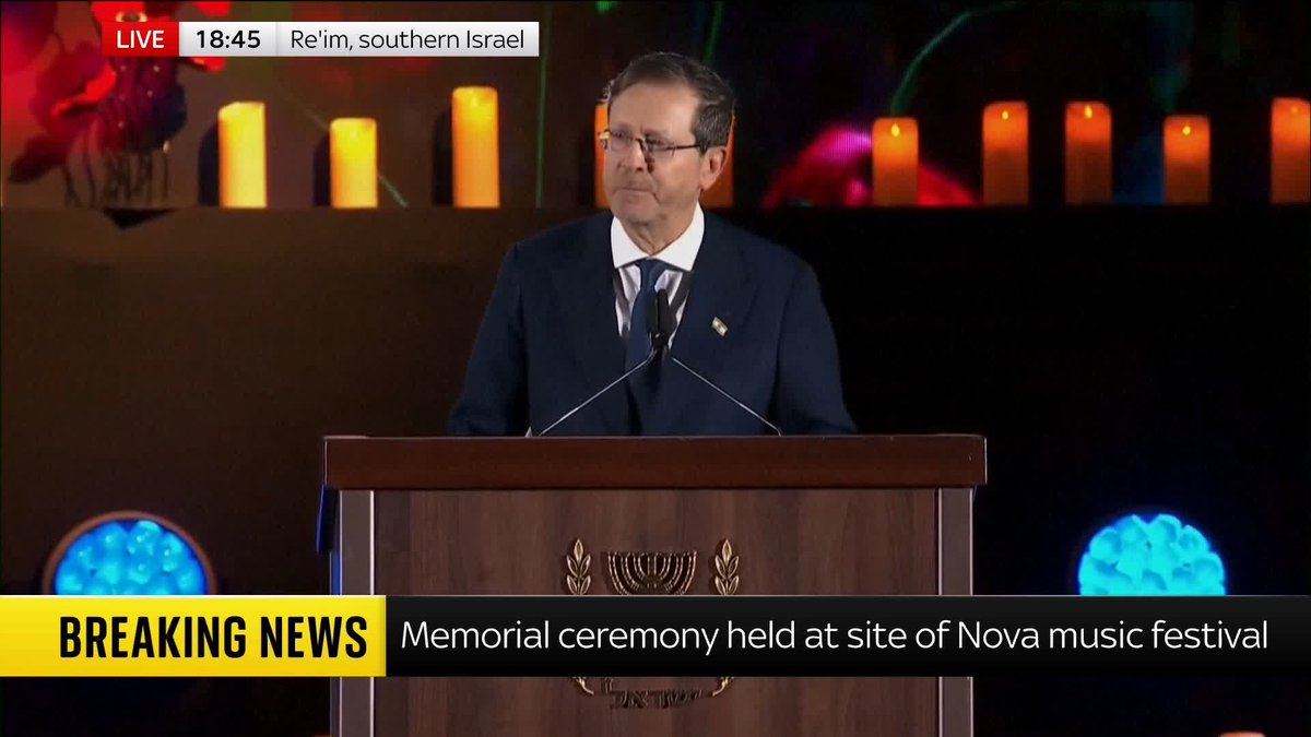 "It's still so hard to understand how they were taken from us." Israeli President Isaac Herzog speaks at a memorial ceremony at the site of the Nova music festival, where around 1,200 people died during the 7 October attacks. 📺 Sky 501, Virgin 602