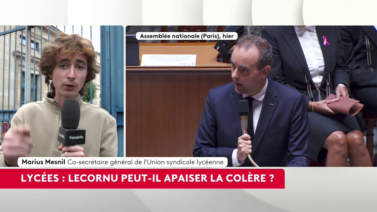 🔴 🗣️ Syndicats lycéens et étudiants : "Nous demandons à être reçus par Sébastien Lecornu", lance Marius Mesnil, co-secrétaire général de l'Union syndicale lycéenne. "Il faut qu'il mette 10 milliards d'euros sur la table", ajoute le lycéen. #AvantLe20h #canal16
