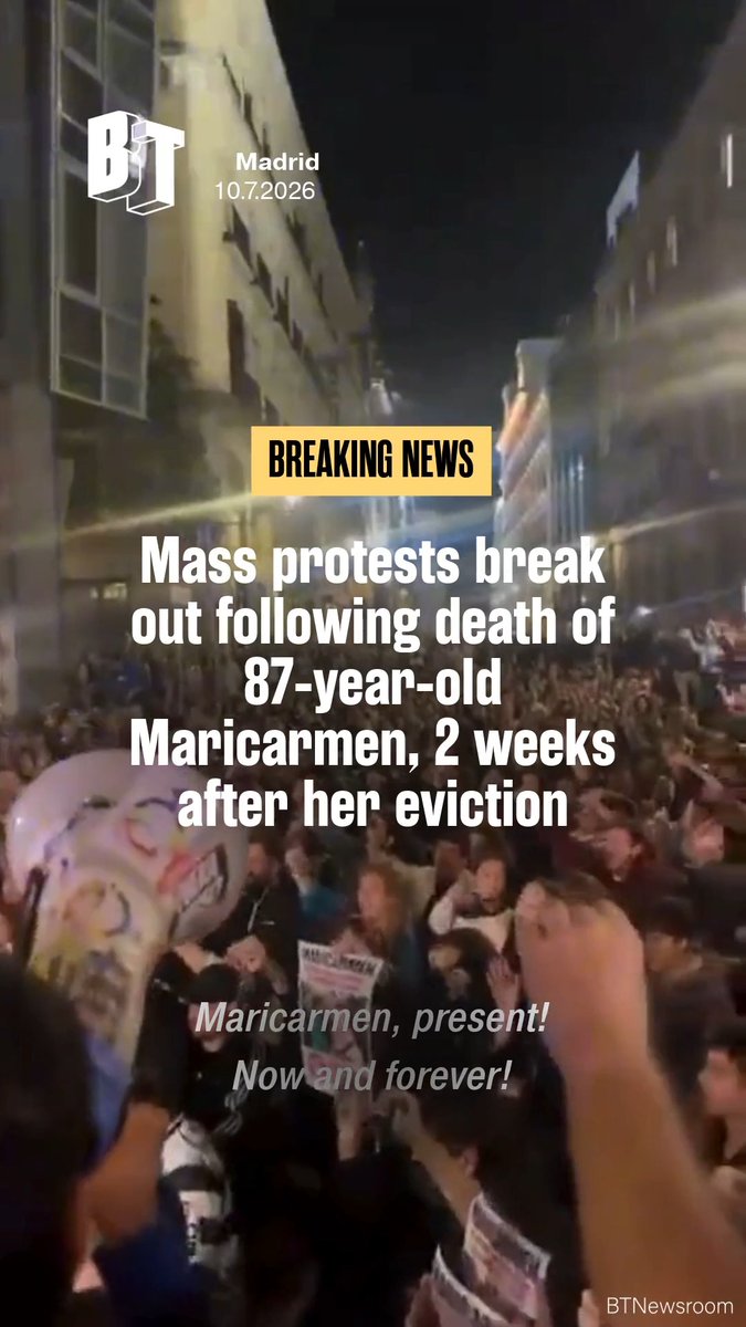 #BREAKING | Thousands of protesters in Madrid are marching to Spain's Congress after the news broke that 87-year-old Maricarmen Abascal passed away in the hospital. For the past six years, Maricarmen had been resisting attempts to evict her from her home where she lived for over 70 years. She had become a symbol of the struggle for housing in Spain, after she was forcibly removed from her apartment on September 23. Her violent eviction only intensified protests and organizers also set up an encampment at 'Sol', in Madrid's city center, to push for demands like a ban on eviction of vulnerable tenants where alternative housing is not available; a limit to short-term and room rentals; a rent freeze; and an extension for contracts ending in 2026 and 2027. Spanish Prime Minister Pedro Sánchez had attempted to push through some modest housing reforms in parliament but both were defeated by the right. Now, Spain will head to snap elections in November.