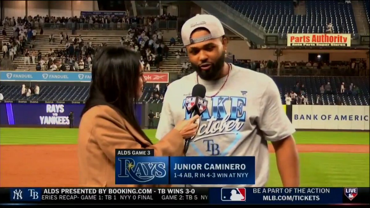 "The best team in the world right here... we're not done yet." Tampa Bay Rays superstar Junior Caminero caught up with Siera Santos after winning Game 3! #MLBTonight
