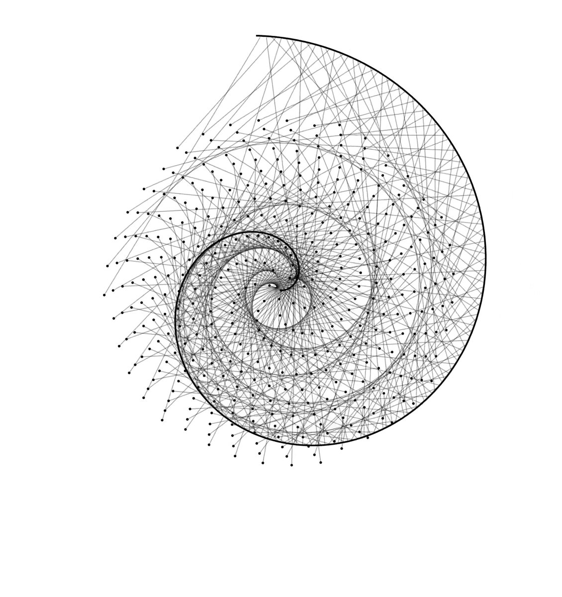 The Archimedean spiral is one of the oldest curves in mathematics, with turns that stay evenly spaced. Here, a straight line slowly turns into this spiral, and four hundred connected points follow its shape.