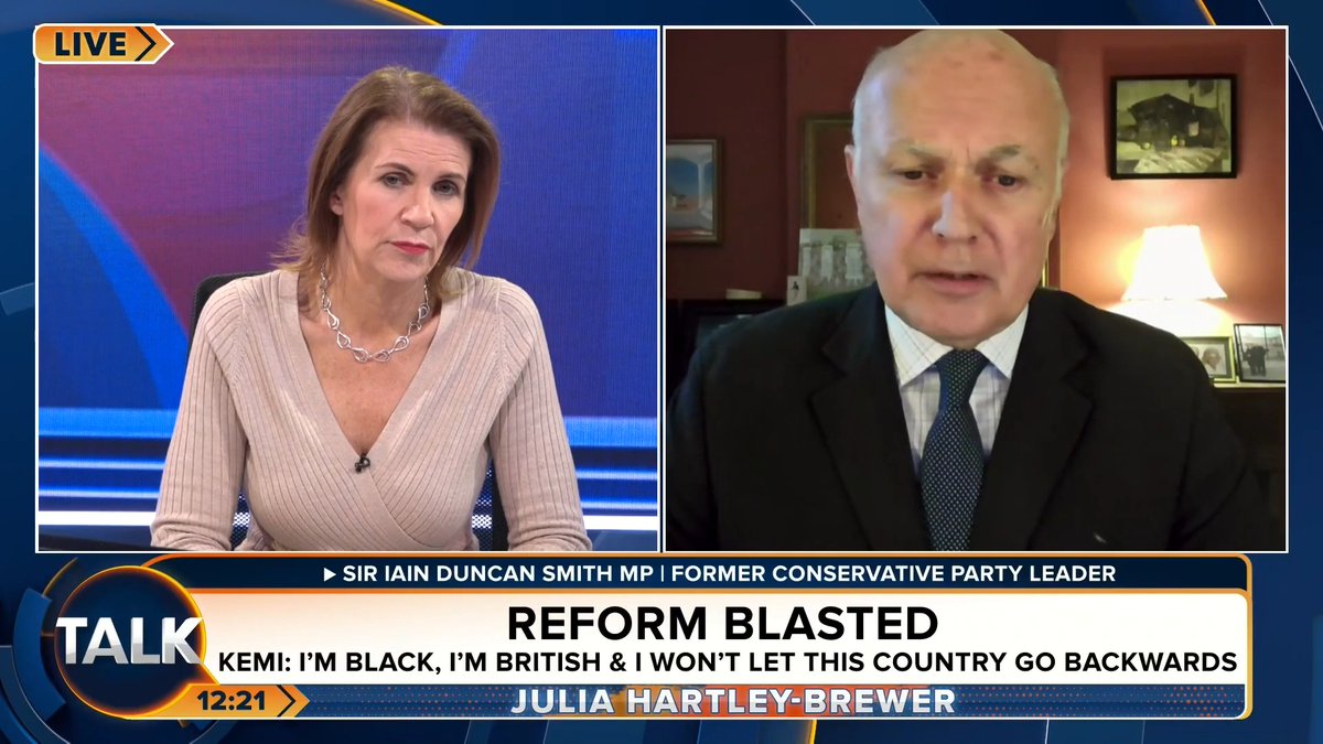🚨"Kemi is a phenomenal leader." Ex-Conservative leader Sir Iain Duncan Smith says he agrees with Kemi Badenoch ruling out a pact with Reform UK in a future election. Julia Hartley-Brewer | Iain Duncan Smith MP Chingford & Woodford Green