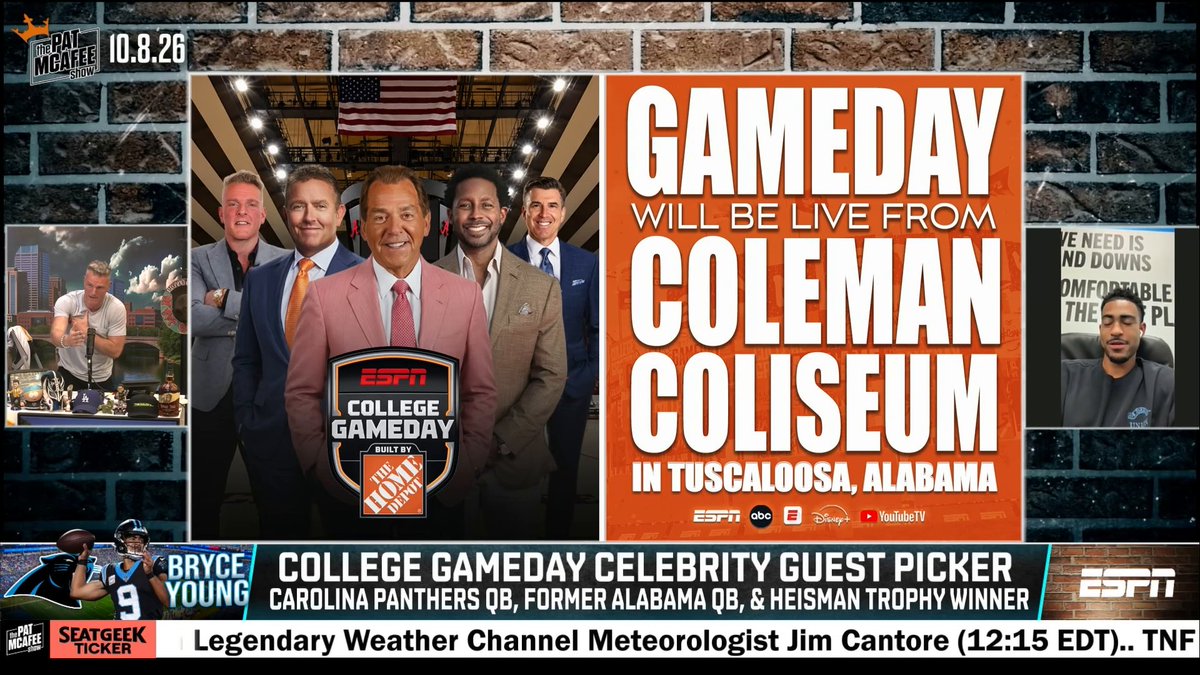 Due to expected inclement weather, College GameDay will originate from inside the Coleman Coliseum on Alabama’s campus on Saturday morning. The doors will open at 5:30 AM CT and the show will begin at 8 AM CT. Stay safe and we look forward to seeing you indoors! (via Pat McAfee)