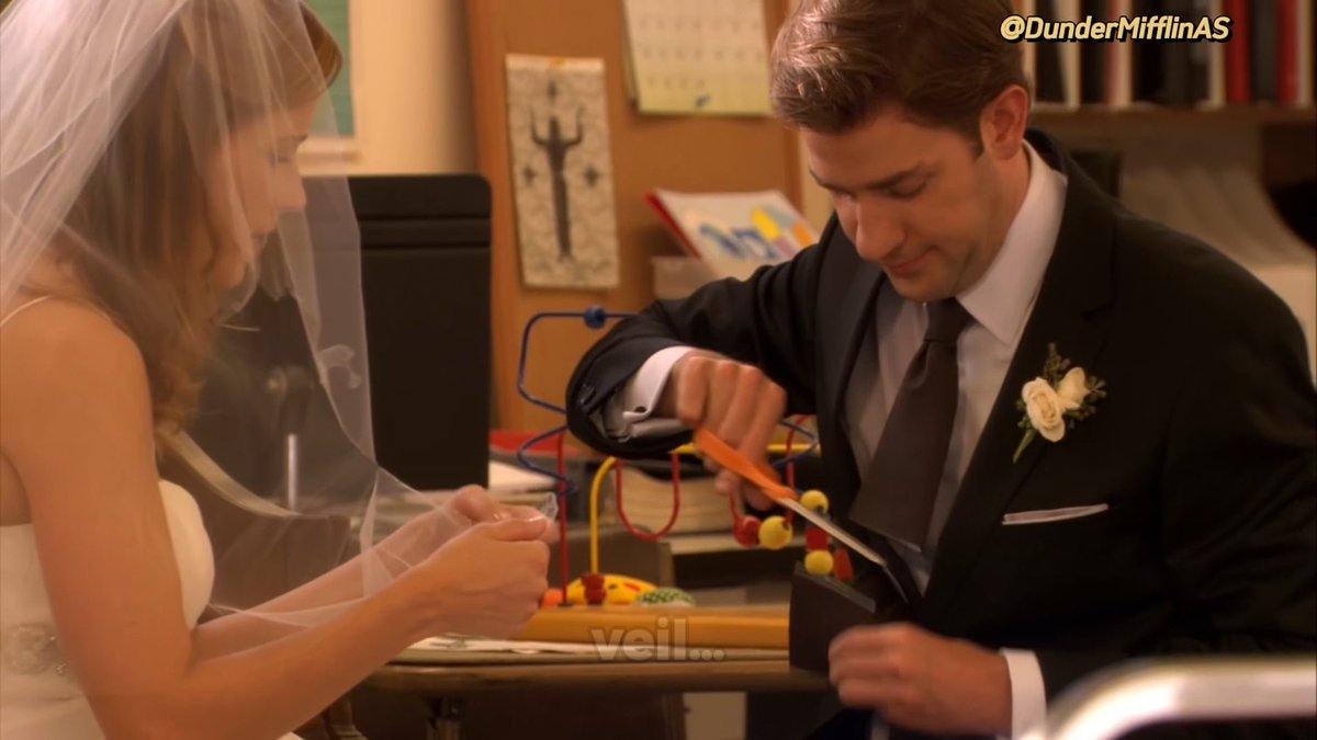 "There, now we’re even." The way Jim didn't hesitate for a single second to ruin his wedding outfit just to put a smile back on Pam's face. True love is Jim and Pam.
