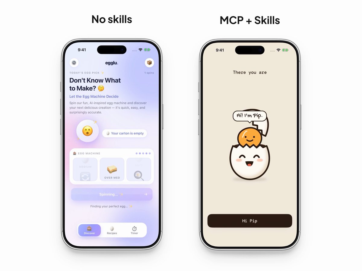 before → after egg recipe app. both one-shotted. right used mcp + skills