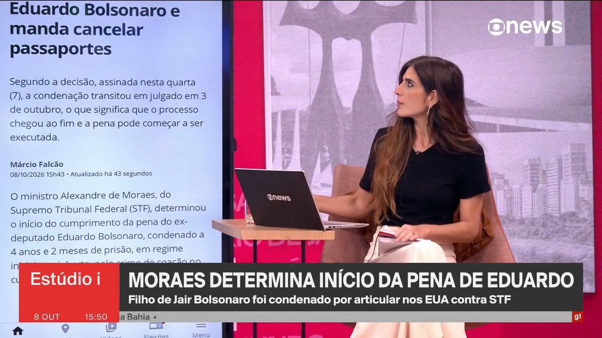 Moraes determina início da pena de Eduardo Bolsonaro. ➡️ #Estúdioi - de segunda a sexta, às 13h, na #GloboNews.