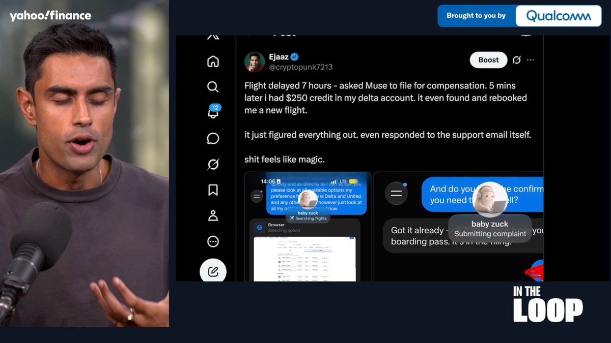 AI got Ejaaz $250 in flight credits in 5 minutes. 🤑 The wildest part: he never told it which flight. The assistant pulled the details from a notification already on his phone, then filed the claim and rebooked him on its own. Would you give an AI access to your messages for this? Watch the full episode of In The Loop on YouTube: