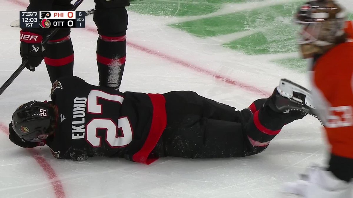 William Eklund left the game after this play and was unable to put any weight on his leg.