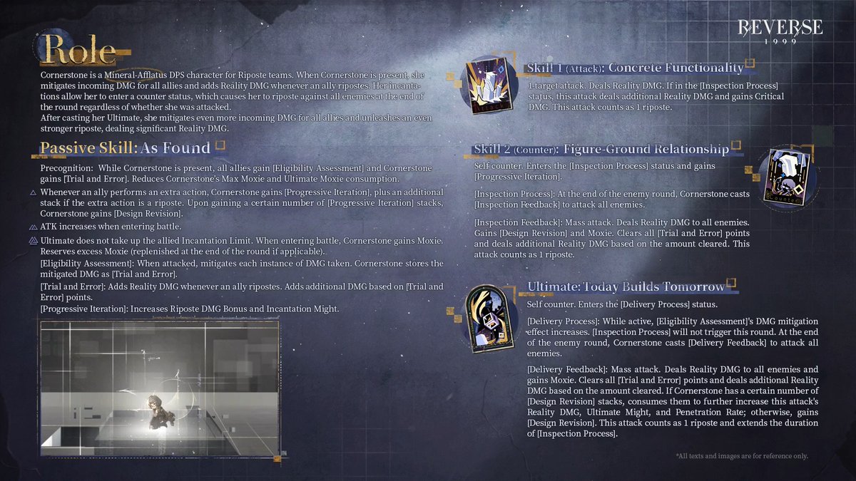 Arcane Skills | Cornerstone Cornerstone is a Mineral-Afflatus DPS character for Riposte teams. When Cornerstone is present, she mitigates incoming DMG for all allies and adds Reality DMG whenever an ally ripostes. #Reverse1999Ver3ꓸ8 #TheTemporalScale #Cornerstone