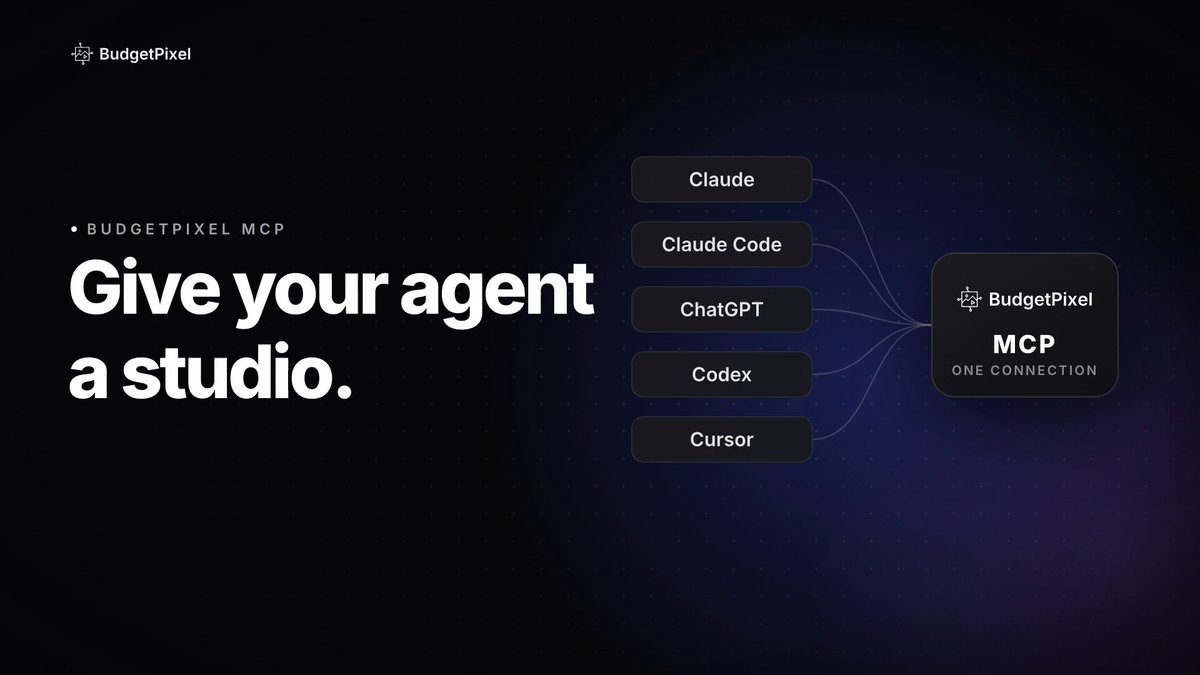 Give your agent a studio. Connect BudgetPixel to Claude, ChatGPT, Codex or Cursor with one line, then just ask: images, video, music, sound effects. The picture, the clip, the soundtrack and the sound effects in this video were all made by an agent through our MCP server.