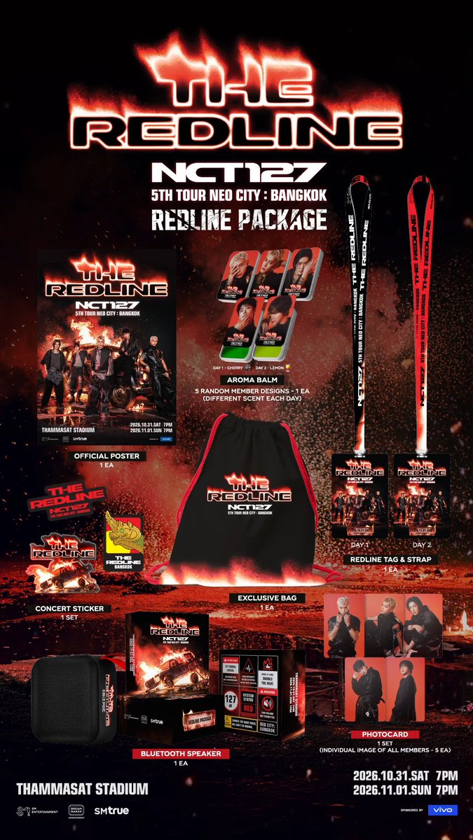 ตัวอย่างของที่ระลึกสำหรับผู้ซื้อบัตรนั่ง 🔥 𝗥𝗘𝗗𝗟𝗜𝗡𝗘 𝗣𝗔𝗖𝗞𝗔𝗚𝗘 🔥 ของคอนเสิร์ตเต็มรูปแบบครั้งที่ 5 ของ 💚 NCT 127 💚 ⠀ มาเปิดกล่องไปพร้อมกันแล้วพบกับความพิเศษที่ซ่อนอยู่ภายในแพ็กเกจที่เตรียมไว้ให้ NCTzen โดยเฉพาะ 👀 🎁 ⠀ 𝗡𝗖𝗧 𝟭𝟮𝟳 𝟱𝗧𝗛 𝗧𝗢𝗨𝗥 '𝗡𝗘𝗢 𝗖𝗜𝗧𝗬 : 𝗕𝗔𝗡𝗚𝗞𝗢𝗞 - 𝗧𝗛𝗘 𝗥𝗘𝗗𝗟𝗜𝗡𝗘' ⠀ 📟 𝟮 รอบการแสดง : ⠀ ⠀ 𝟯𝟭 ตุลาคม 𝟮𝟬𝟮𝟲 (เสาร์) เวลา 𝟭𝟵:𝟬𝟬 น. ⠀ 𝟭 พฤศจิกายน 𝟮𝟬𝟮𝟲 (อาทิตย์) เวลา 𝟭𝟵:𝟬𝟬 น. ⠀ 🏟 สถานที่ : ⠀ ⠀ ธรรมศาสตร์ สเตเดียม (𝗧𝗛𝗔𝗠𝗠𝗔𝗦𝗔𝗧 𝗦𝗧𝗔𝗗𝗜𝗨𝗠) ⠀ 🔛 สถานะบัตรการแสดง : ⠀ ⠀ บัตรนั่งราคา 𝟴,𝟭𝟮𝟳 (🔥 𝗥𝗘𝗗𝗟𝗜𝗡𝗘 𝗣𝗔𝗖𝗞𝗔𝗚𝗘 🔥) / 𝟲,𝟵𝟬𝟬 / 𝟲,𝟯𝟬𝟬 / 𝟱,𝟵𝟬𝟬 / 𝟱,𝟰𝟬𝟬 บาท ของทั้ง 2 รอบการแสดง ยังมีให้จับจองกันด่วน 👉 ที่เคาน์เตอร์เซอร์วิส ออลล์ทิคเก็ต ในร้าน 7-Eleven ทุกสาขาทั่วประเทศ และเว็บไซต์ ⠀ 🎟 ผังที่นั่งและสิทธิพิเศษ : ⠀ ⠀ ⠀ _________________ ⠀ #NCT127 #THE_REDLINE #NCT127_5TH_NEOCITY_THE_REDLINE #NCT127_5TH_NEOCITY_BANGKOK_THE_REDLINE #THE_REDLINE_BANGKOK #SMTrue