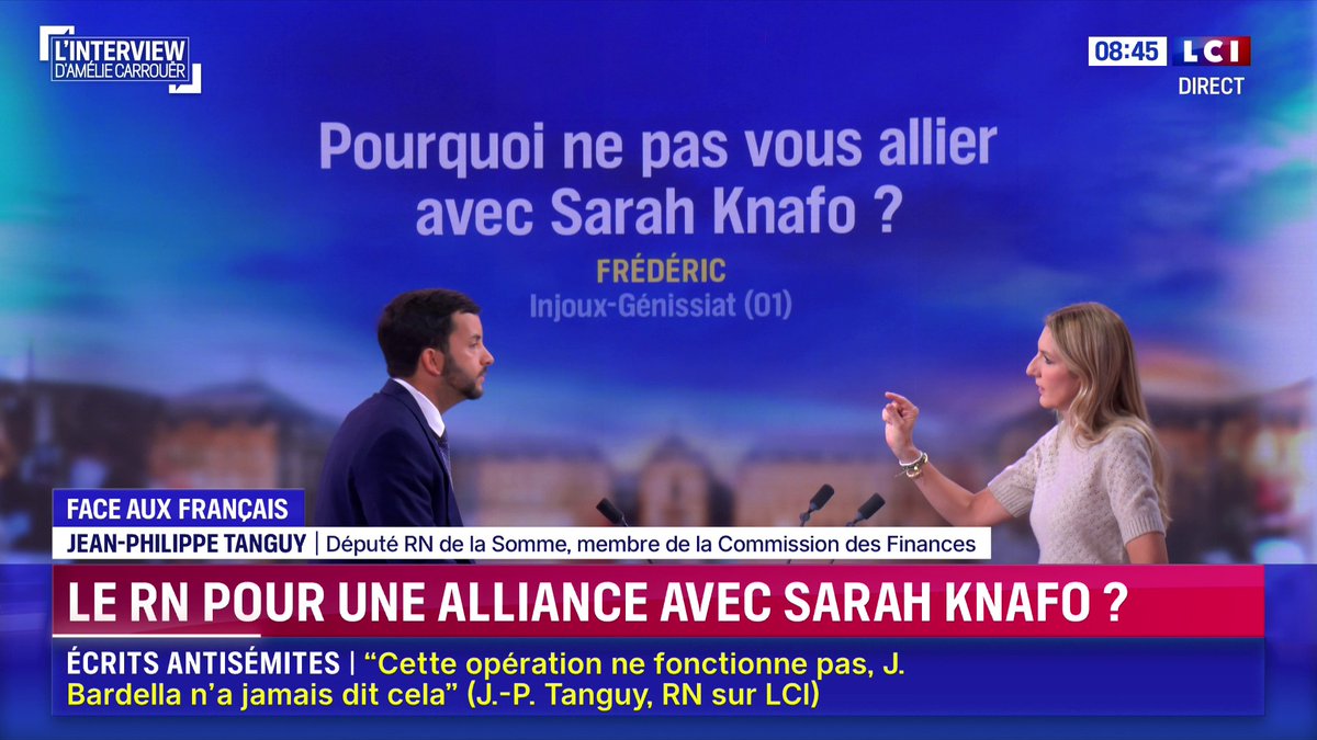 💬 "Pourquoi ne pas vous allier avec Sarah Knafo ?" demande Frédéric, un téléspectateur. 🗣️ Jean-Philippe Tanguy Ⓜ️ :"Madame Knafo elle s'est engagée contre le RN, c'est elle qui fait campagne contre nous." 📺 L'interview d'Amélie Carrouër