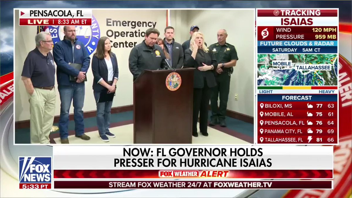 BREAKING: Florida Gov. Ron DeSantis says Hurricane Isaias has strengthened into a Category 3 storm with sustained winds approaching 120 mph. Forecasters expect significant wind shear could weaken the hurricane before landfall. DeSantis says Florida is preparing for the possibility that Isaias remains a major hurricane when it comes ashore.