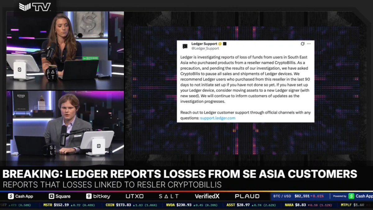 BREAKING: Ledger reports loss of funds from users in South East Asia who purchased products from the reseller "CryptoBillis". The situation is ongoing and users are urged to review Ledger's official updates.