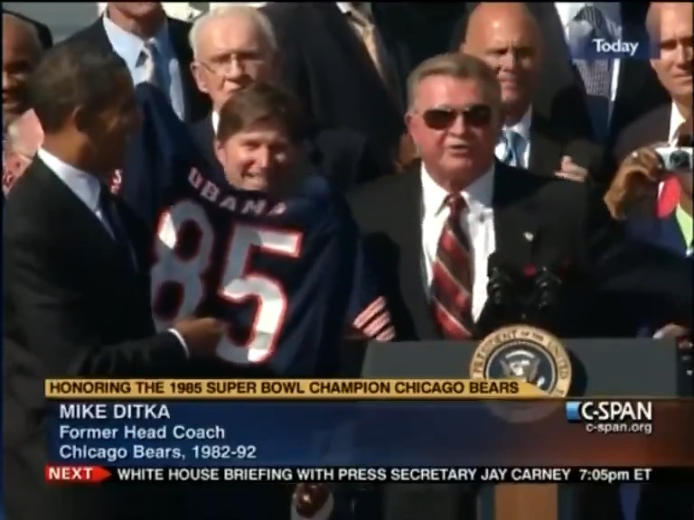 Former Chicago Bears Coach Mike Ditka has died. From 2011, Ditka presents President Obama with a Chicago Bears jersey. Obama welcomed the 1985 Super Bowl Champions to the White House. Their original visit was preempted by the explosion of the Space Shuttle Challenger.