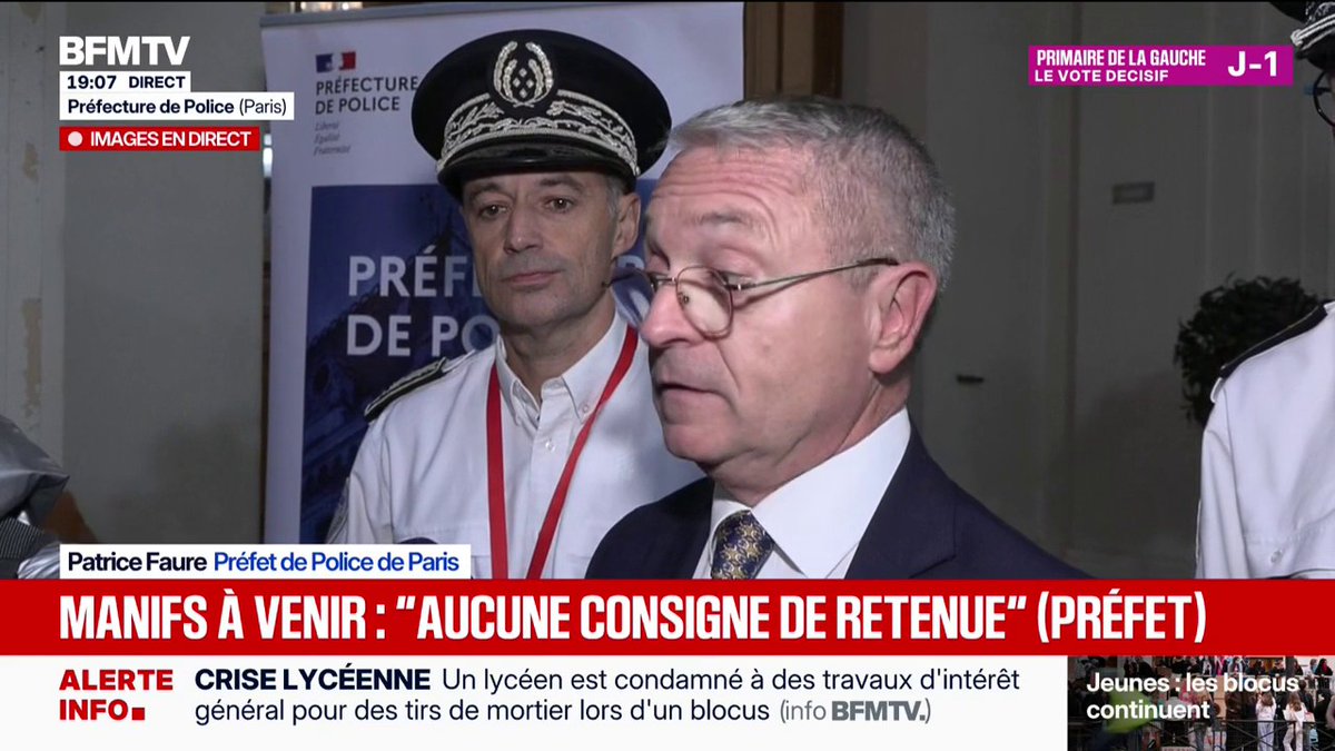 "On ne craint pas les manifestants, ni les lycéens. Ce qu'on craint, ce sont les black blocs, les fauteurs de troubles", déclare le Préfet de Police de Paris Patrice Faure