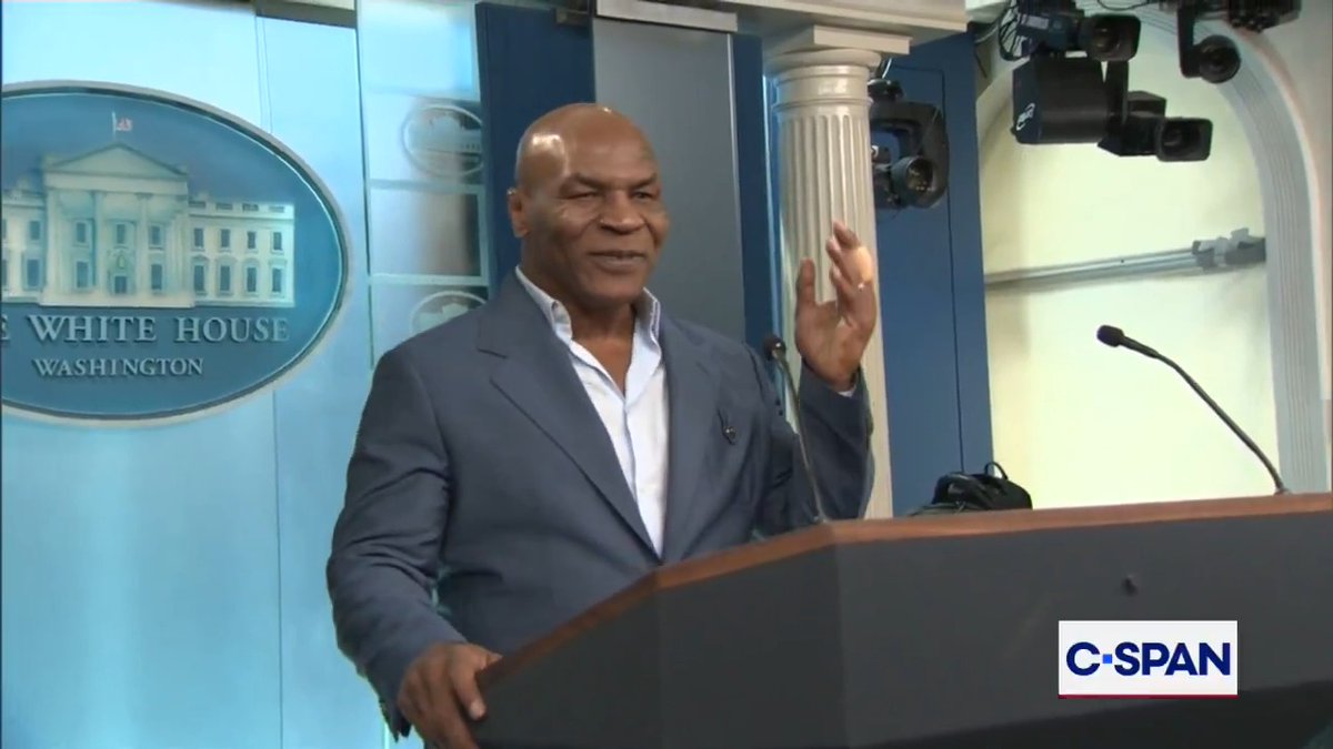 .Mike Tyson talks with press in the White House before rally tonight with President Trump.