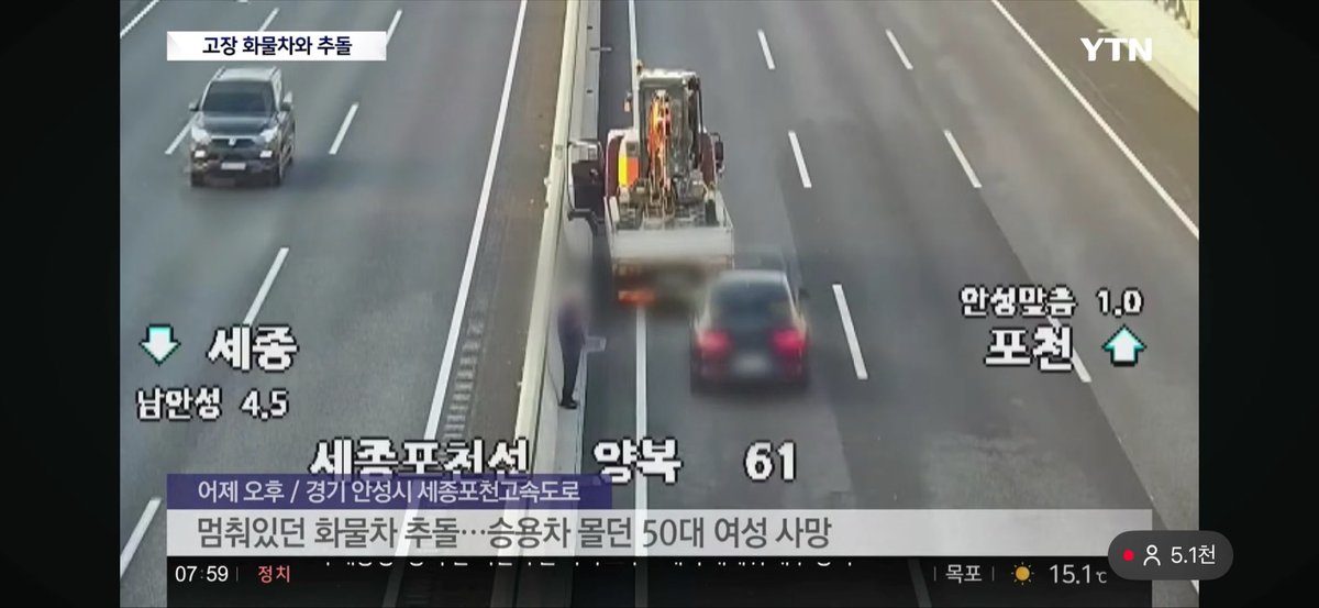 스마트 크루즈 켜 놨을까..? 🤔 어제(10일) 오후 5:40경 세종포천고속도로에서 승용차가 3.5톤 화물 차량을 들이받는 사고 발생 화물차가 1차로에서 고장으로 멈춰 있었는데, 주행하던 승용차가 화물차를 뒤에서 들이받은 것으로 파악 이 사고로 승용차 운전자인 50대 여성이 숨졌음.. 출처 : YTN