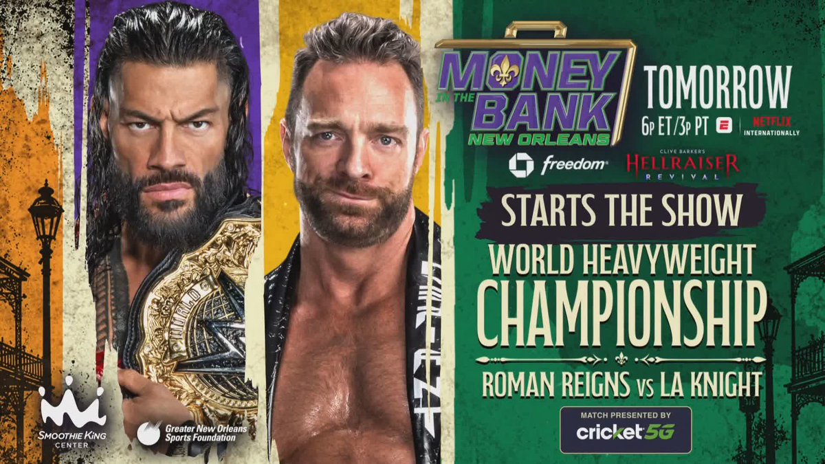 The World Heavyweight Championship Match will START the show tomorrow night at #MITB!! 🔥 We are in for a treat when Roman Reigns defends against LA Knight!