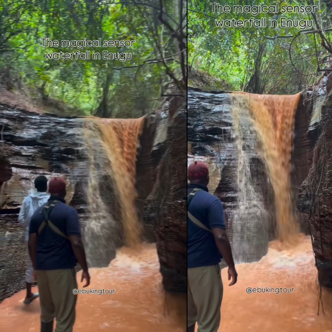 A man left in shock after visiting a waterfall in Enugu State and discovering that the water pressure increases when he moves closer to the falling water.