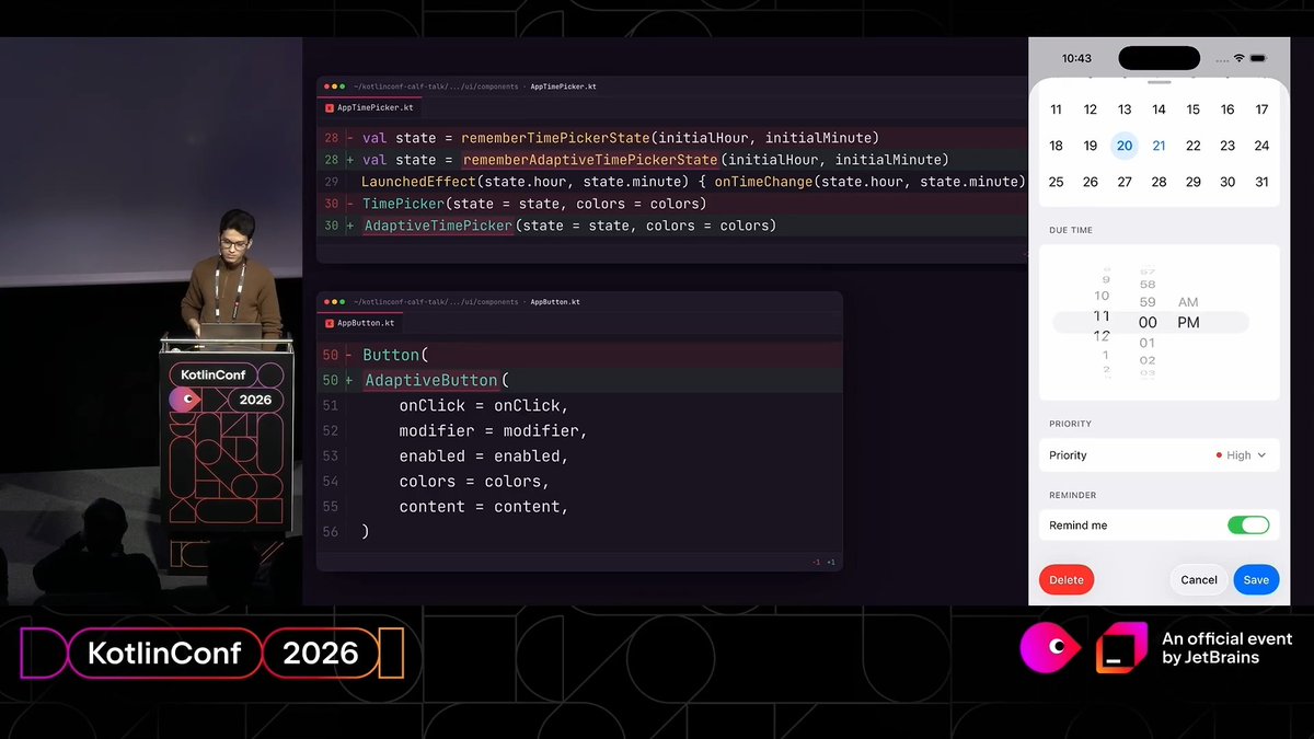 Can a Compose app feel native on both Android and iOS? Mohamed Ben Rejeb showed how Calf maps components to their native counterparts – Material on Android and Cupertino on iOS – all while sharing the same codebase. Watch the talk from KotlinConf’26: