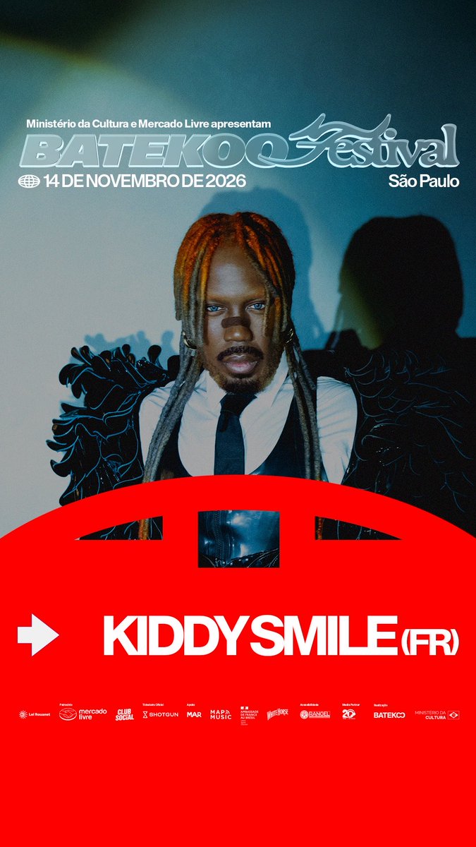 BATEKOO FESTIVAL 2026 | SÃO PAULO | 14/11 | KIDDY SMILE | BATEKOO DO BRASIL LET A B1TCH KNOW: KIDDY SMILE ESTÁ CONFIRMADO NO BATEKOO FESTIVAL 2026! 🪩 Kiddy Smile é um dos grandes nomes da house music e da cultura ballroom. O artista francês já abriu shows de Madonna e Grace Jones e criou a festa “Strangé”, que amplia o espaço de pessoas negras e queer na noite de Paris. BATEKOO demais, não é? Em parceria com a Embaixada do Brasil no País, anunciamos Kiddy Smile, que traz essa mistura de house, ballroom e performance para o BATEKOO Festival 2026. Vai ser um momento pra todo mundo se sentir chique até a última música do set. Vendas exclusivamente pela Shotgun Brasil.