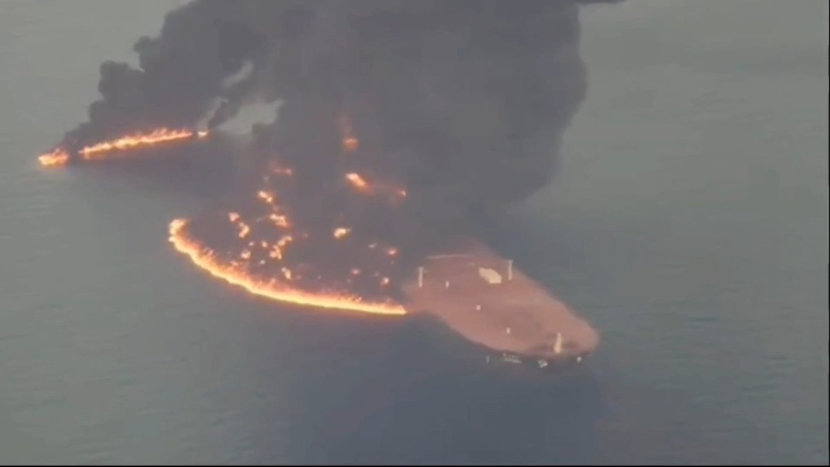 Massive Oil Tanker Hits Iran's Naval Mine Near Strait of Hormuz, ENGULFED IN FLAMES Public Relations Department of the IRGC: A large, rogue oil tanker carrying crude oil, attempting to leave a restricted area near the Strait of Hormuz, suffered a massive explosion after colliding with a naval mine in a declared hazardous area. This massive tanker, which had its navigation and positioning systems disabled, is currently engulfed in a huge fire following the collision with the naval mine, with the flames clearly visible to people living along the coast.