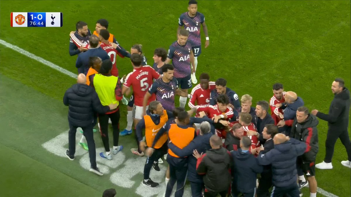 Rodrigo Bentancur dives in on Luke Shaw and it's all kicking off at Old Trafford! 🫨