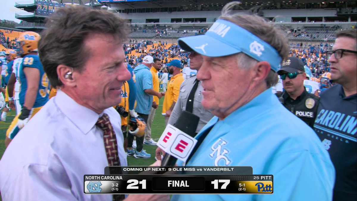 "I thought the first quarter was worse." Coach Bill Belichick had jokes after picking up his first ranked win with UNC 😅