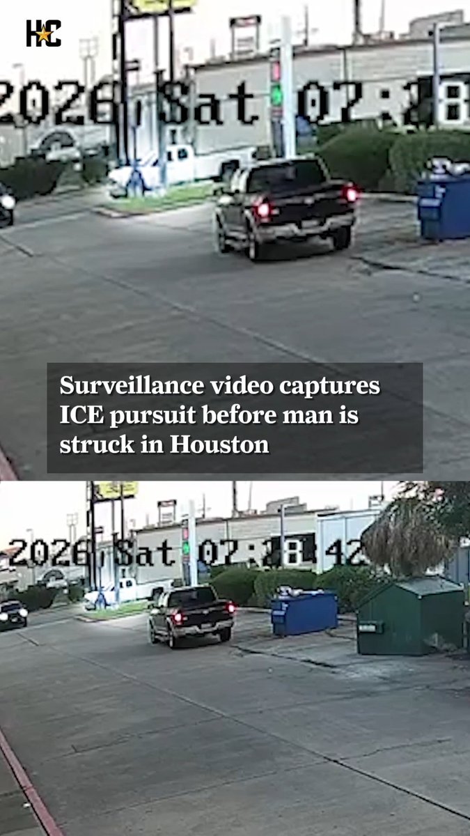 A 48-year-old man suffered a suspected broken leg after being struck by a vehicle operated by ICE agents during an immigration enforcement operation in northwest Houston, according to the Harris County Sheriff’s Office. The incident happened around 7:20 a.m. Saturday near Clay Road and Highway 6 as ICE agents pursued a man driving a white Chevrolet pickup truck. Surveillance footage obtained by the Houston Chronicle captured the incident. The sheriff’s office is investigating the collision.