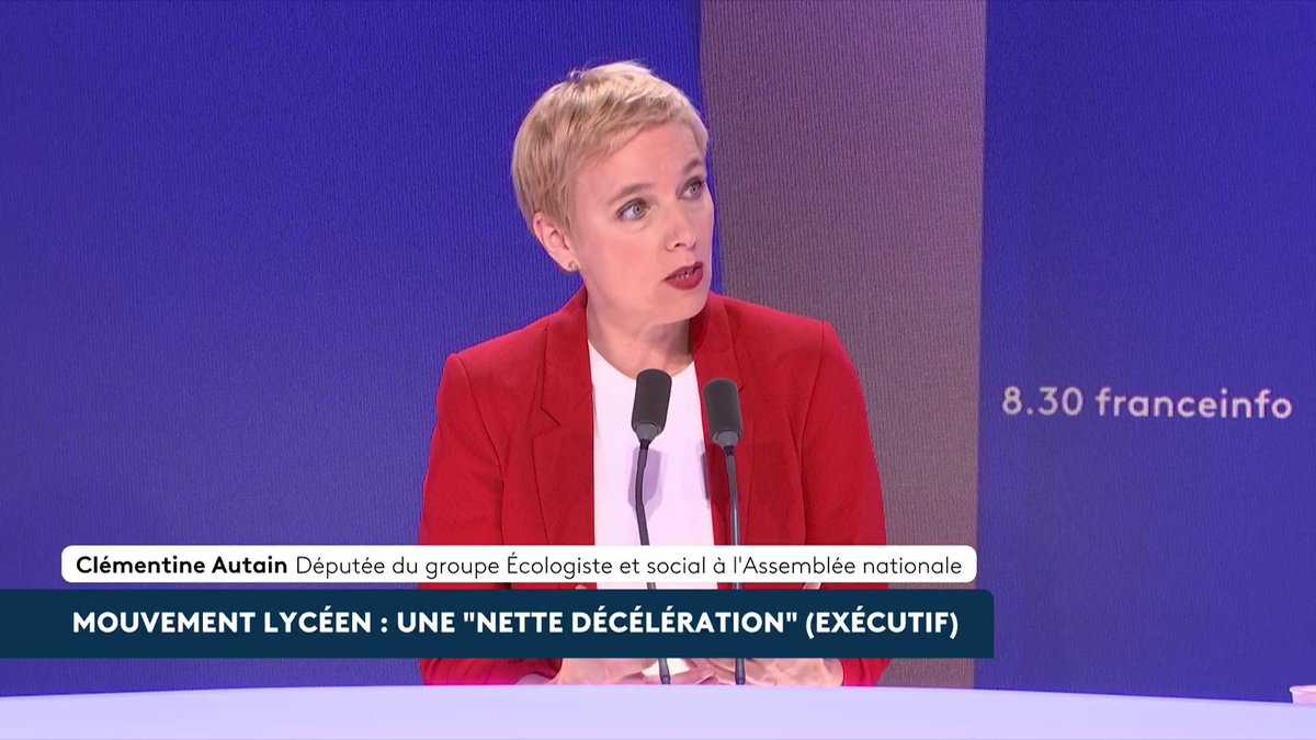 "Oui, j'appelle à la convergence des luttes", dit Clémentine Autain à propos du mouvement lycéen et des prochaines journées de mobilisation. La députée du groupe Ecologiste et social à l'Assemblée se dit "révoltée" par la réponse gouvernementale à "la jeunesse qui s'est levée"