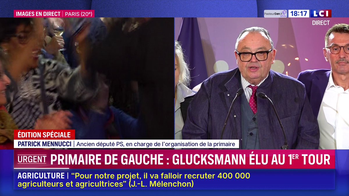 🔴 Primaire de la gauche sociale-démocrate : Raphaël Glucksmann désigné au premier tour Raphaël Glucksmann a récolté 79.613 votes (66,13%), sur les 120.587 suffrages exprimés, au premier tour de la primaire