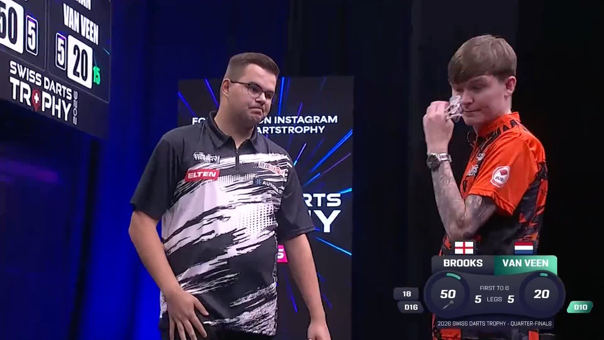 VAN VEEN SQUEEZES THROUGH! Gian van Veen survives THREE match darts in the previous leg, pipping Bradley Brooks in a last-leg decider to set up a semi-final clash with Jonny Clayton! 📺 #ET14