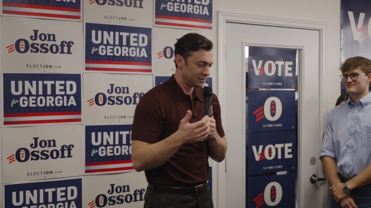 Ossoff: I don't know if all of you happened to see the debate last week, but Georgia voters deserve answers from a sitting member of Congress, Mike Collins, who wants to represent this state in the U.S. Senate. And Georgians did not get answers from Mike Collins last week. Mike refused to explain why he supported the tariffs that have driven grocery prices to their record highs. Mike refused to explain to Georgia voters how this disastrous war in Iran has been a success. Mike refused to explain to Georgia voters why he voted to double your health insurance premiums. Mike refused to explain to Georgia voters why he allows neo-Nazi propaganda to be disseminated from his own home.