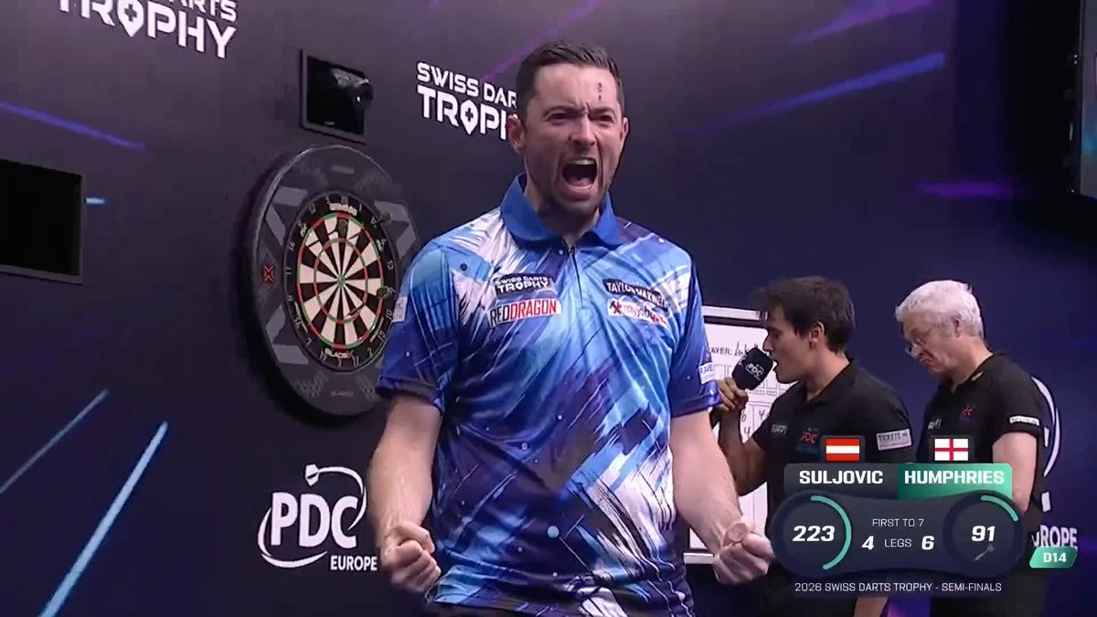 HUMPHRIES DAZZLES AGAIN! ✨ Luke Humphries averages 111.17 in another mesmerising display to dump out Mensur Suljovic 7-4 and set up a tantalising showdown with Jonny Clayton in the final! 📺 #ET14