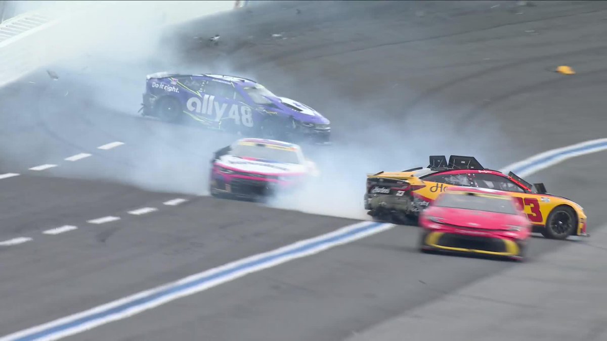 A replay of the Lap 77 incident involving Bubba Wallace, Alex Bowman and William Byron.