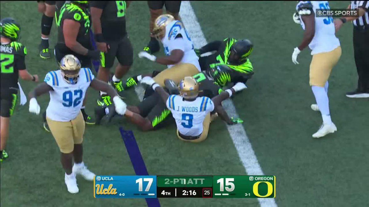 NEW: The Big Ten has announced that Oregon's second two-point attempt against UCLA should have been taken from the half-yard line instead of the 1.5-yard line. (via CBS)