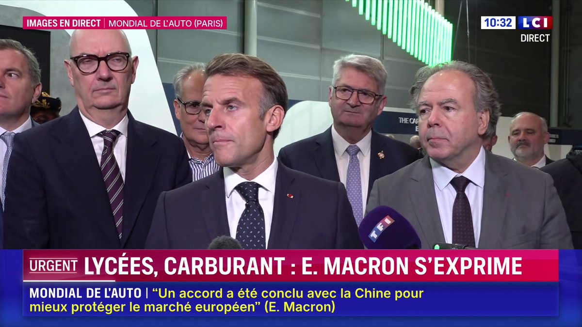 🔴 Automobile : marché européen 🗣️ "Un accord a été conclu, qui est le début d’un processus entre l’UE et la Chine, qui va permettre de mieux protéger le marché européen de la concurrence déloyale", a indiqué Emmanuel Macron, depuis le Mondial de l'Auto, en direct sur LCI