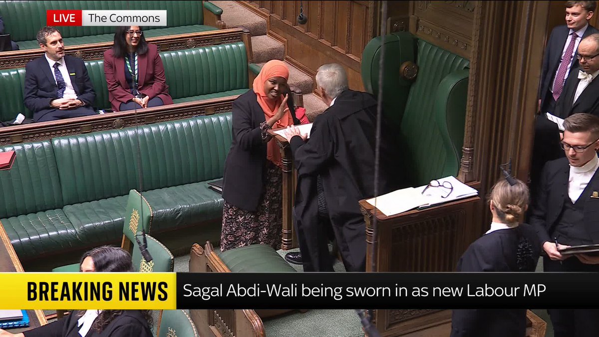 BREAKING: Labour's Sagal Abdi-Wali has taken the oath of allegiance and been sworn in as an MP after winning last week's by-election in Holborn and St Pancras. 📺 Sky 501, Virgin 602, Freeview 233 and YouTube