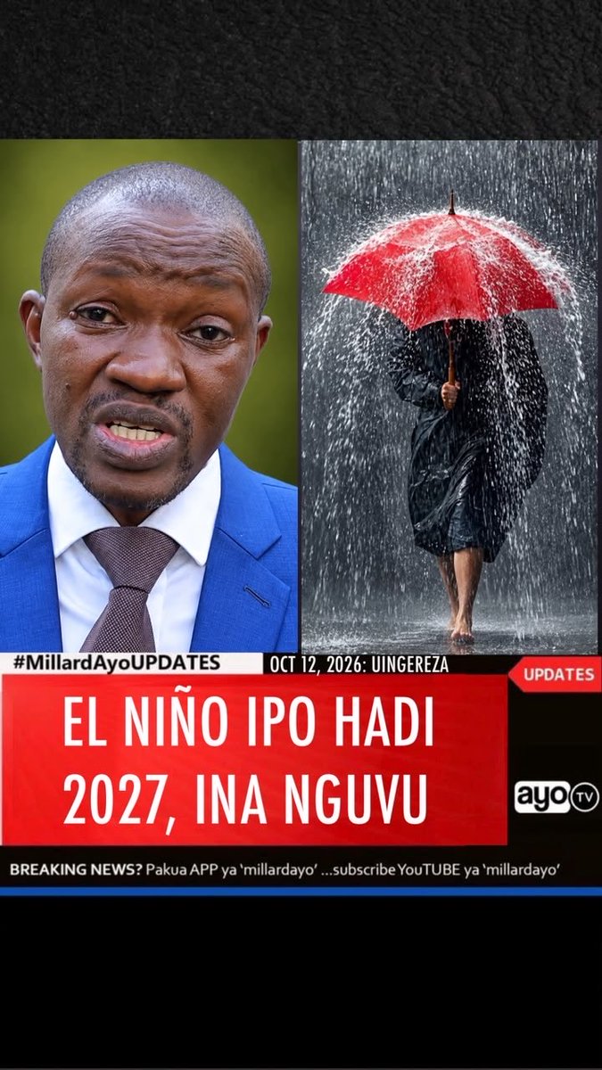 Mkurugenzi Mkuu wa Mamlaka ya Hali ya Hewa Tanzania (TMA), Dkt. Ladislaus Chang’a, amesema hali ya El Niño inaweza kuendelea hadi mwanzoni mwa mwaka 2027, huku akiwataka Wananchi kuendelea kuchukua tahadhari dhidi ya athari zinazoweza kujitokeza pamoja na kumuomba Mwenyezi Mungu ailinde Tanzania. Akizungumza na AyoTV, Dkt. Chang’a amesema hali hiyo inaendelea kuimarika na kuelekea katika hatua ya kukomaa, jambo linaloweza kusababisha athari mbalimbali zinazohusiana na hali ya hewa. Amesisitiza kuwa Mamlaka inaendelea kushirikiana na Wataalamu wa Sekta mbalimbali pamoja na viongozi wa Serikali katika kuhakikisha Wananchi wanapata taarifa na maelekezo sahihi ya kujikinga na madhara yanayoweza kujitokeza. “Masuala ya kiimani yana nafasi muhimu katika maisha ya Mwanadamu, hivyo tunaendelea kusisitiza umuhimu wa Wananchi, pamoja na Viongozi wetu wa dini, kuendelea kumuomba Mwenyezi Mungu ili atujaalie kuepuka madhara yanayoweza kujitokeza kutokana na changamoto hii ya hali ya hewa,” amesema Dkt. Chang’a. #MillardAyoUPDATES